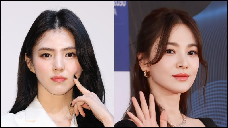 한소희와 송혜교의 짧은 귀밑턱에 긴 아래턱 이미지 비교