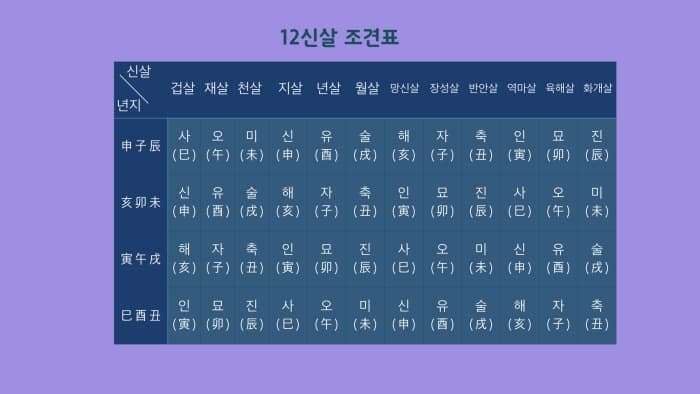 사주공부 모든 살의 종류 십이신살 조견표